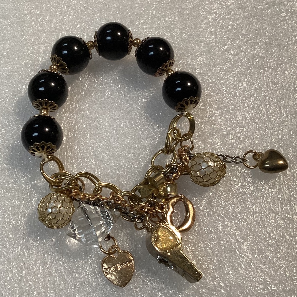 Vintage Betsey Johnson Whistle, Lips, Ribbon, Crystal Beads Bracelet